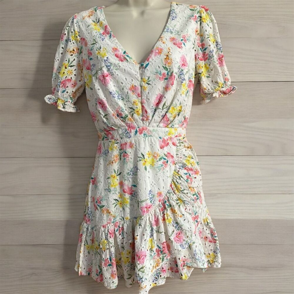 Yumi Kim Be The One Dress Floral Coquette Eyelet Ruffle Sleeve Hem Zip Back